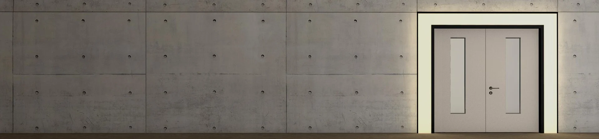 Zweiflügelige Tür in Stahlzarge mit Lichtleiste vor Sichtbeton