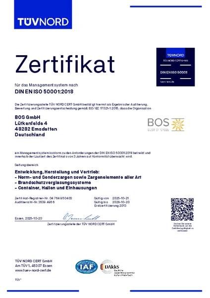 Zertifikat DIN EN ISO 50001 der BOS GmbH