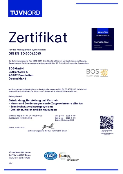 Zertifikat DIN EN ISO 9001 der BOS GmbH