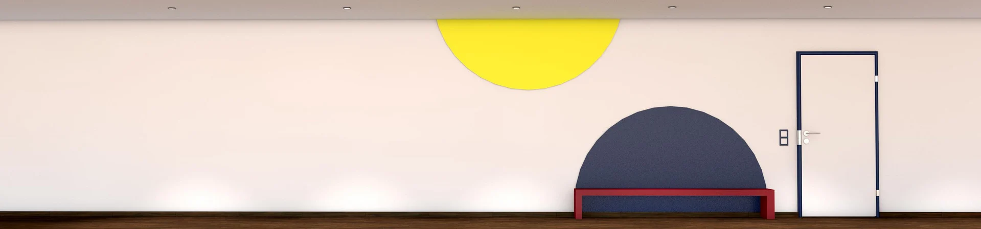 SafetyDesign-Zarge mit rundem Spiegel in einer bunten Kita-Wand